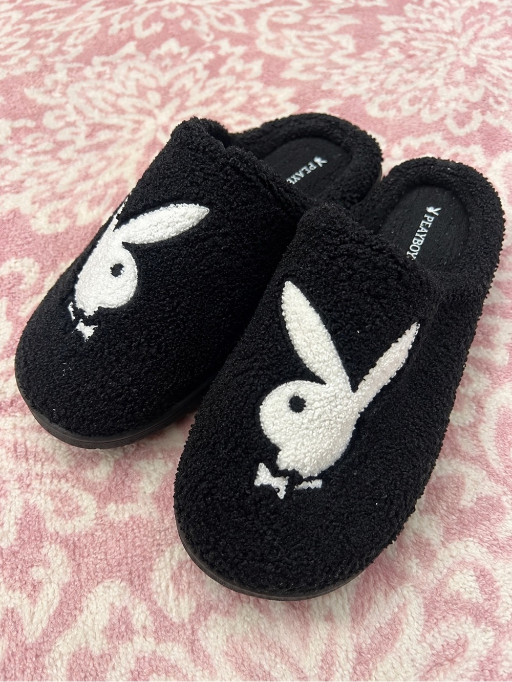 Playboy Black Plush Bunny Logo Slippers XL Y2K